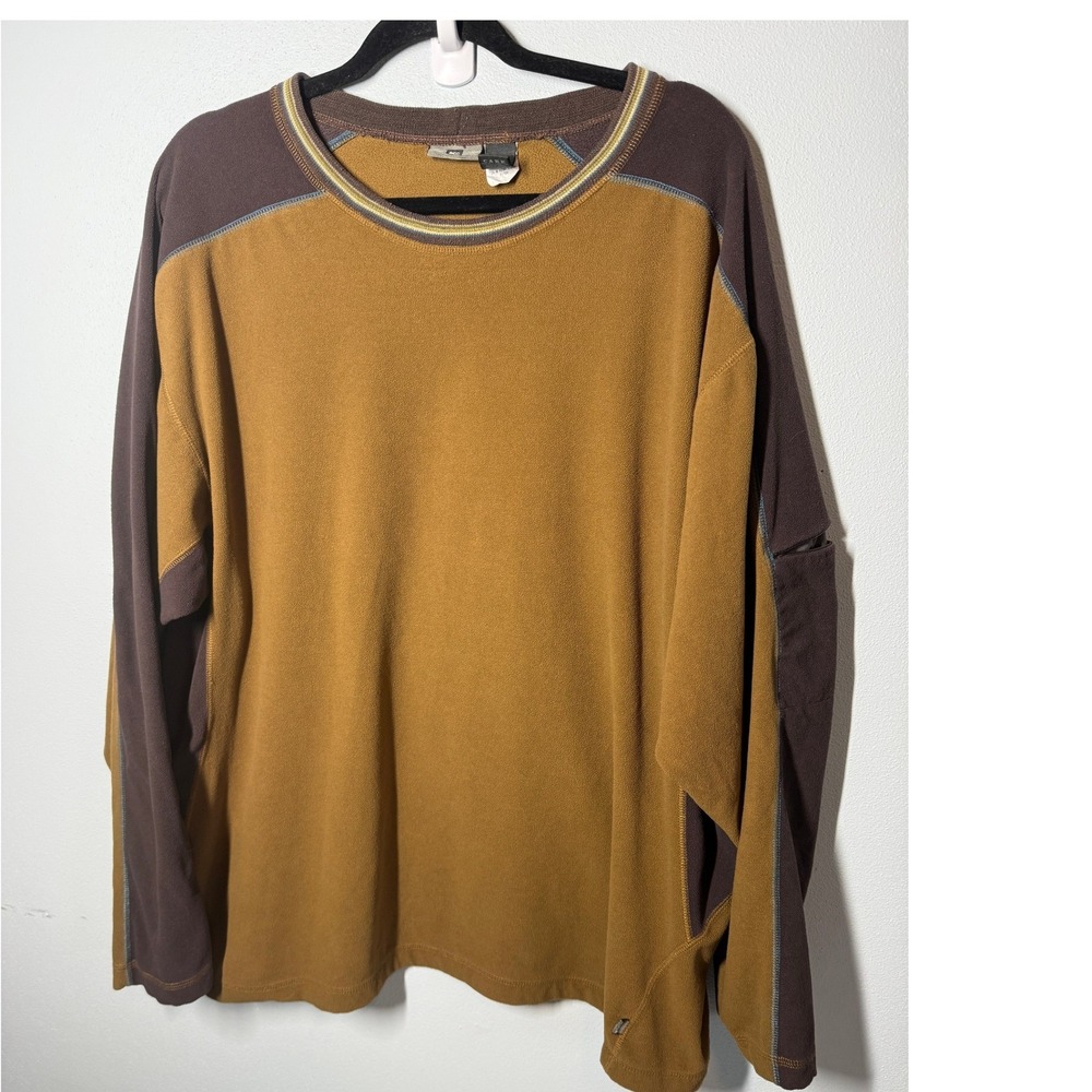 REI Mens Fleece Pullover Long Sleeve Colorblock Mustard Brown Hiking Top XL